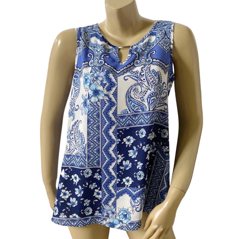 Sami & Jo Sleeveless Blouse Womens Small Blue Paisley Keyhole Neck Boho Top NWT